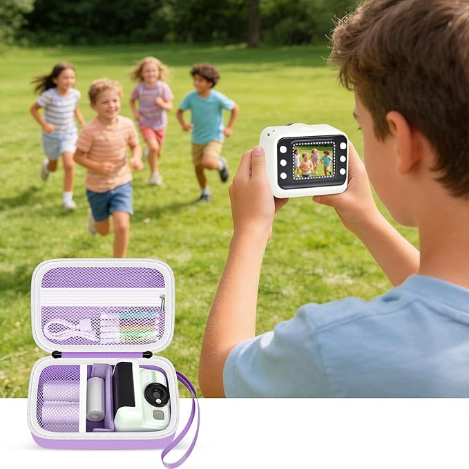 Kids Camera Case Compatible with Cimizi/for Dylanto/for Gofunly/for DUDUDRAGON/for HiMont Instant Print Cameras & Film Cameras, Shockproof Organizer with Removable Divider & Mesh Pockets