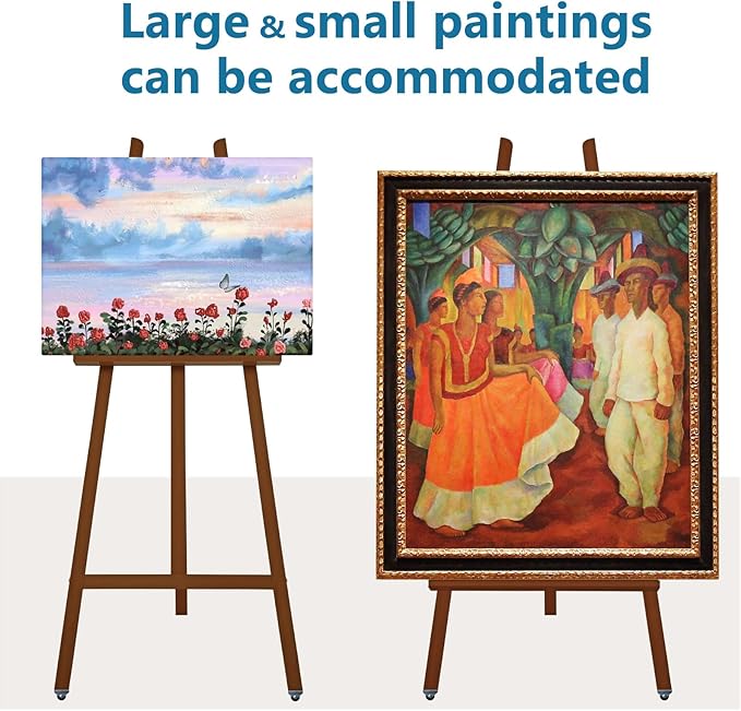 Somime A - Frame Wooden Display Easel with Wheels - Adjustable Lyre Beechwood Studio Easel Stand Holding Canvas Up to 90", Inclinable Artist Floor Painting Easel for Artwork Painting, Brown