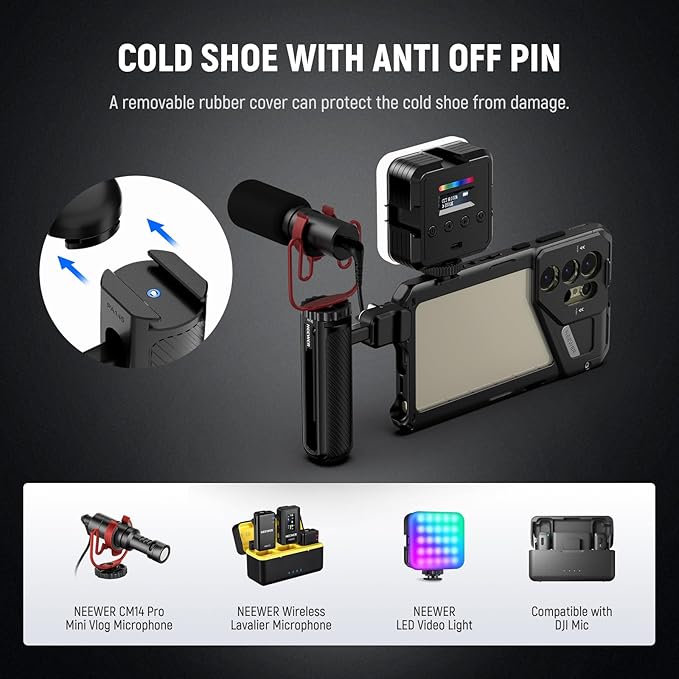 NEEWER Quick Release Side Handle Grip with Capped Anti Off Cold Shoe Compatible with iPhone 16 Pro/16 Pro Max Xiaomi 15 Ultra Samsung Galaxy S25 Ultra Phone Cage, PA145