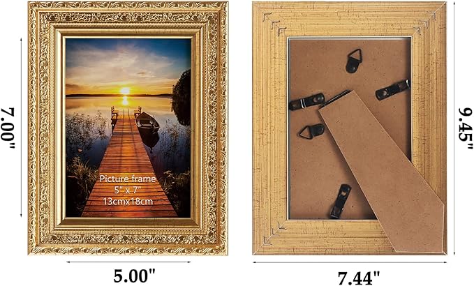 Edenseelake 5x7 Picture Frames Set of 2, Vintage Gold Photo Frame 5 by 7 for Tabletop or Wall Display