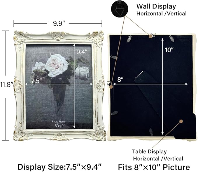 CISOO 8x10 Vintage Picture Frame, Antique Ornate White with Gold Photo Frame, for Table Top and Wall Display, Decorative Floral Design Retro Home Decor, Photo Gallery Art
