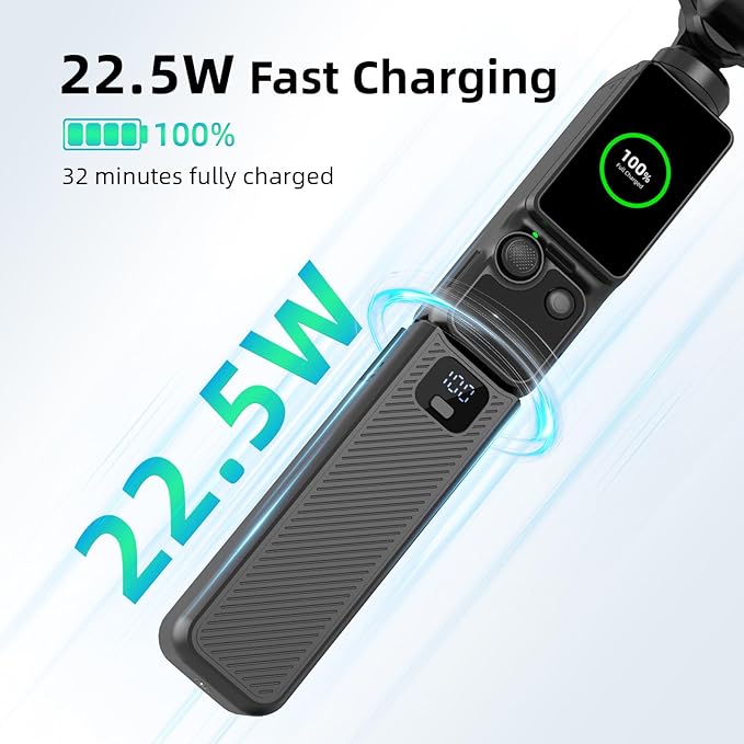 YONHUIZI Battery Handle with Digital Display Compatible with DJI Osmo Pocket 3 Creator Combo, Battery Grip for Xtra Muse 5000mAh 22.5W Fast Charging Power Supply Accessories, Reserved 1/4" Thread