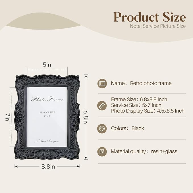 Cuspin 5x7 Black Picture Frame, Vintage Photo Frame Retro Gothic Home Decor Decorative Hand-Carved Resin with Detailed Design for Tabletop Display or Wall Hanging
