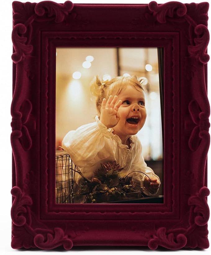Retro Picture Frame 5x7, Red Rococo Ornate Frame for Plants Flower Art Prints Drawings, 5 by 7 Decorative Photo Frames with Real Glass and Stand, Gallery Home Office Decor (Wine Red)