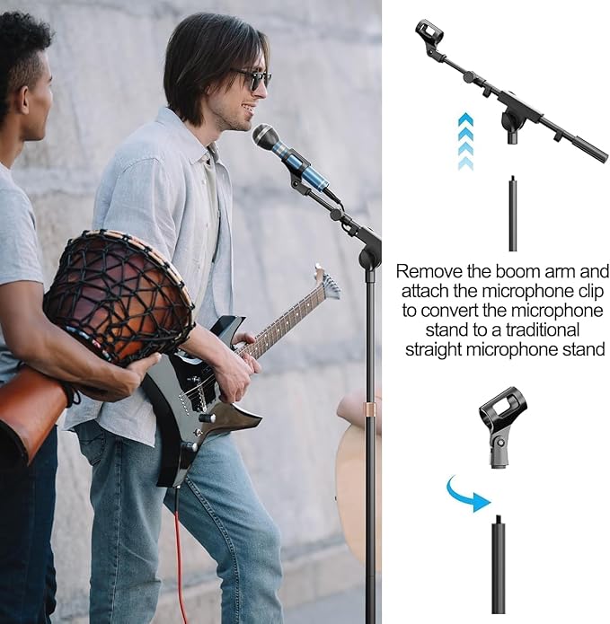 Microphone Stand, 2 Pack Tripod Boom Arm Floor Mic Stand Heavy Duty Height Adjustable with Carrying Bag 2 Mic Clips 3/8" to 5/8" Adapter for Singing Podcast and Stage