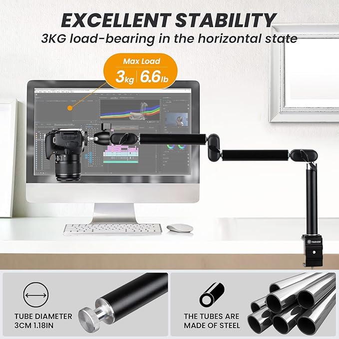 TARION Top Tripod Camera Desk Mount + 11in Magic Arm with Super Clamp, 360°Flexible Articulating Arm with 3/8'' Screw and 3/8'' to 1/4'' Screw + 3 Articulating Arms with 1/4" and 3/8" Thread