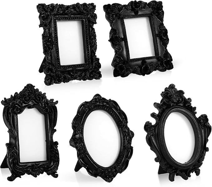Maitys 5 Pcs Mini Picture Vintage Frames with Stands Tiny Antique Photo Baroque Ornate Resin Oval Frame Table Top Display Home Wedding Decor (Black)