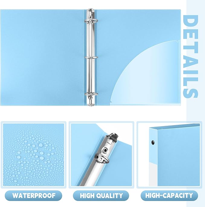 Henoyso 48 Pcs 3 Ring Binder 1/2'' Round Fits Letter Size 8.5'' x 11'' Paper Plastic Flexible Binder Holds 140 Sheets with 1 Pockets Versatile Organizer for Home Office School (Light Blue)