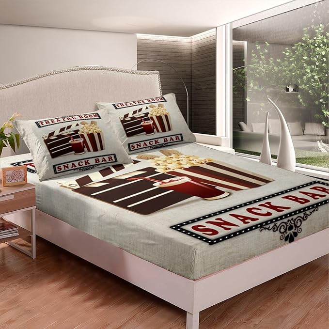 Erosebridal Home Theater Decor Bed Sheets Set Vintage Cinema Style Sheet Set, Movie Themed Sheets Clapboard Popcorn Filmstrip Print Fitted Sheet for Family Boys Girls Film Theme Decor Flat Sheet King