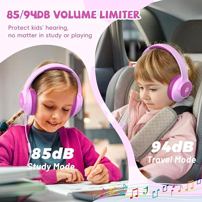 Kids Headphones Wired with USB C Plug, 85/94 dB Volume Limit, USB Type C Headphones for Kids Boys Girls, Foldable Stereo Sound Over Ear Wired Headphones for School/Tablet/Travel, Fuscia Pink