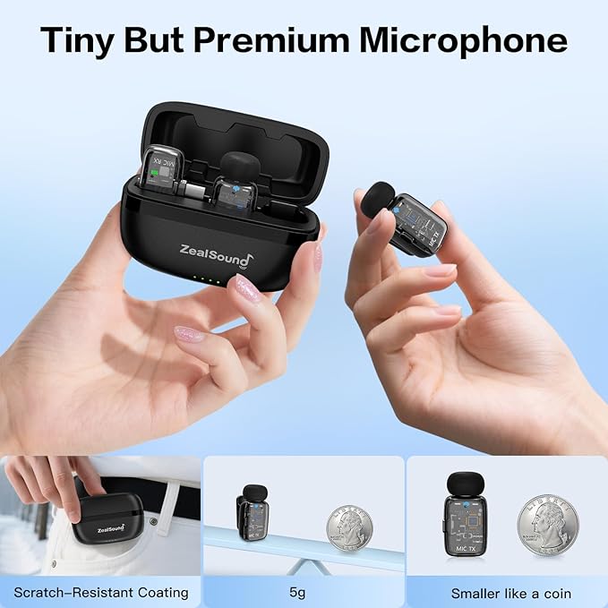 ZealSound Mini Microphone, Wireless Lavalier Mic for iPhone/iPad/Android, USB-C/Lightning, Noise Reduction, 33H Battery with Charging Case for Content Creators, TikTok & YouTube Videos - Transparent
