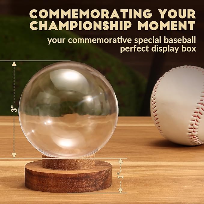 JupDec Baseball Display Case, Round Clear Ball Holder with Wooden Base, Autograph Baseball Stand Box for Single Ball, Acacia Wood, Brown, 2 Pack