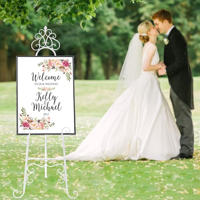 59" H Metal White Easel Stand for Sign, Large Adjustable Free Standing Scroll Display Easel for Wedding Sign Mirror Picture Poster Holder Showcasing