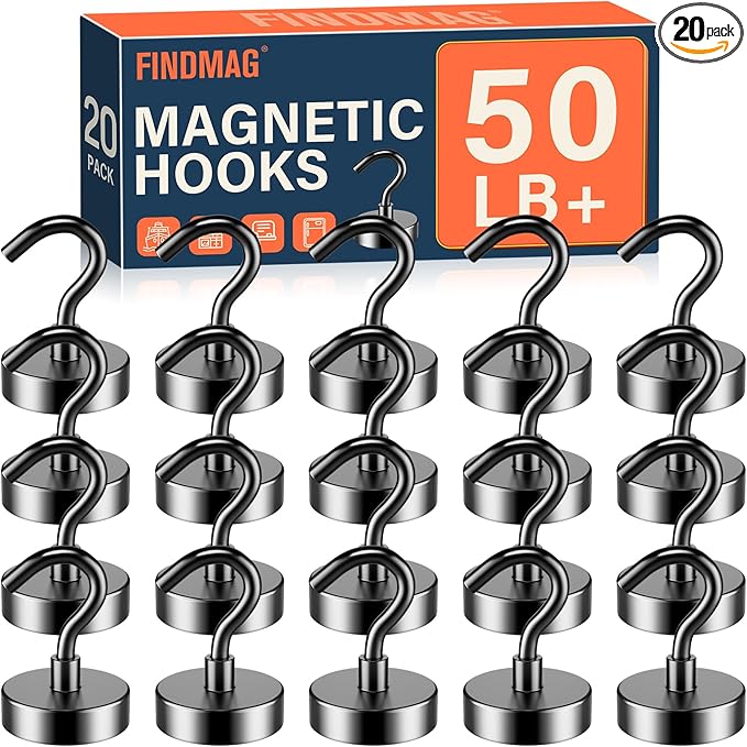 FINDMAG 20 Pack Magnetic Hooks, 50lbs Strong Magnetic Hooks Heavy Duty for Hanging, Magnets with Hooks for Cruise Cabin, Classroom, Office, Grill, Heavy Duty Magnetic Metal Hooks for Refrigerator