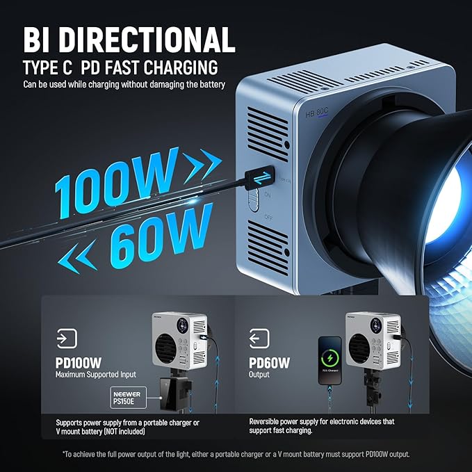 NEEWER HB80C 80W RGBWW LED Video Light with 72Wh Battery & 100W PD Fast Charging, 10400lux/m Brightness, 2500K-7500K CCT, 18 Lighting Effects, Bowens Spotlight for Studio Photography & Video Recording