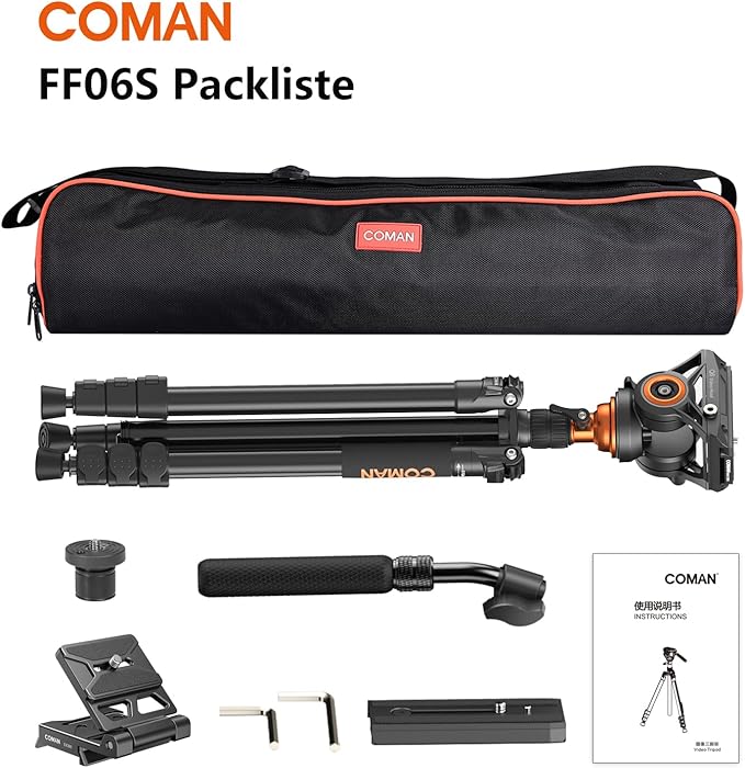 COMAN 73" Camera Tripod with Fluid Head, Lightweight Portable Tripod for Camera with Detachable Monopod Aluminium Alloy and QR Plate for DJI Canon Nikon Sony DSLR Camera Black Max Load 22.04lb(FF06S)