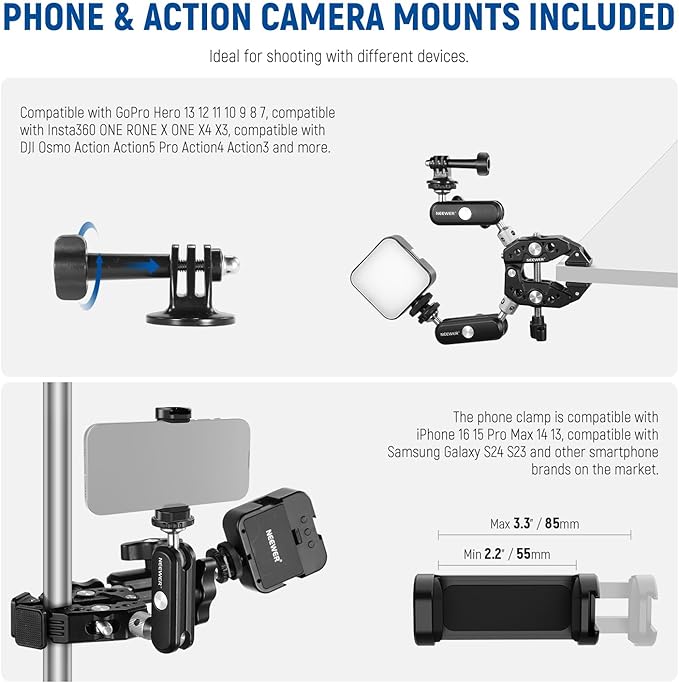 NEEWER Heavy Duty Super Clamp with Two 360° Dual Ball Head Magic Arms, 1/4" 3/8" Screw Threads, Phone & Action Camera Mount Adapter for Flat/Round Surface Compatible with GoPro DJI Insta360 DSLR