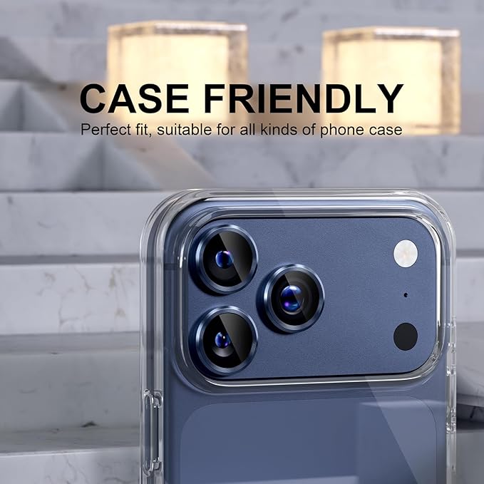 Choiche Compatible for iPhone 17 Pro/iPhone 17 Pro Max Camera Lens Protector, 9H Tempered Glass Camera Cover Screen Protector Metal Ring Decoration Accessories (Blue)