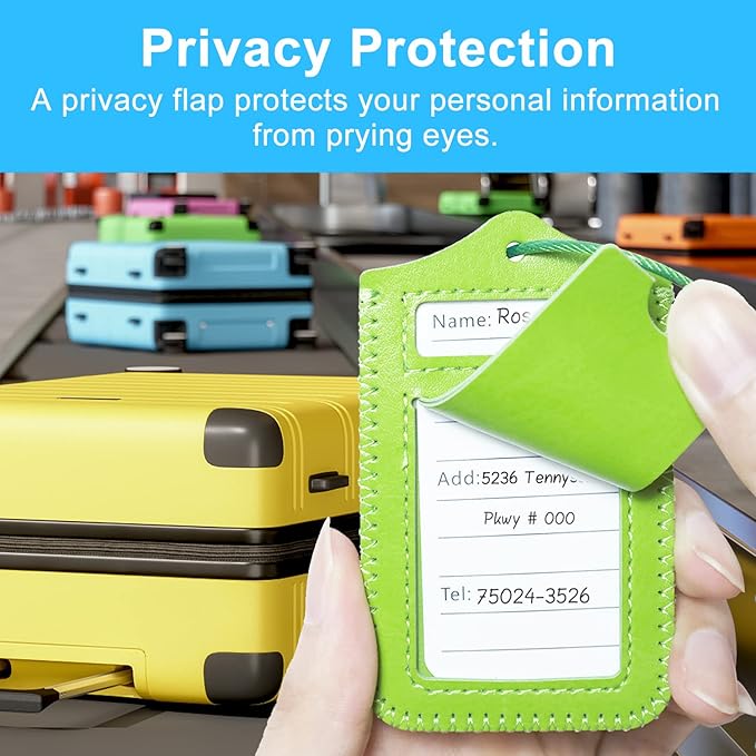 ACdream Luggage Tags 2 Pack, Leather Suitcase Tags Identifiers, Cute Cruise ID Labels with Privacy Cover fits on Backpack, Travel Bag, for Women, Men, Adults, Kids, Green