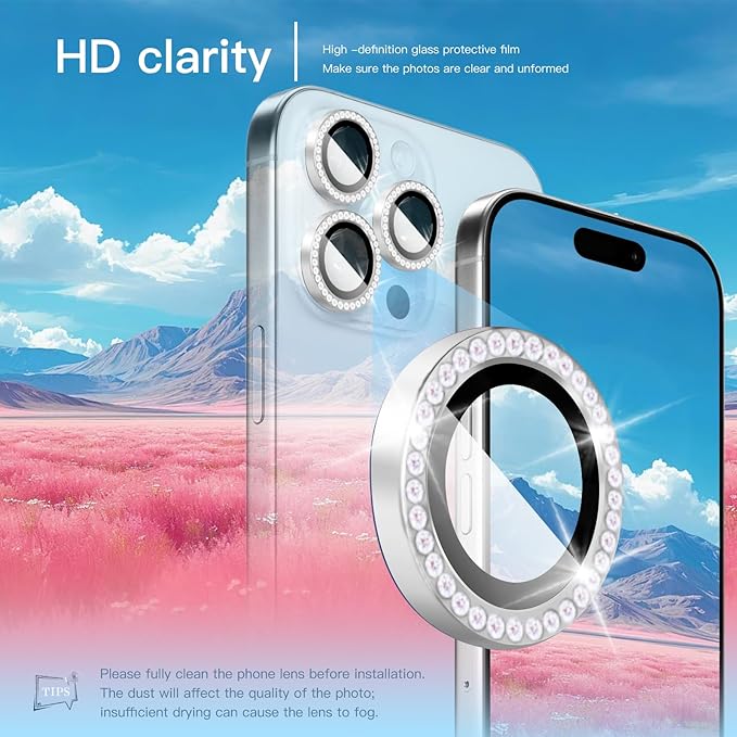 Camera Lens Protector Bling Compatible for iPhone 16 Pro/iPhone 16 Pro Max,9H Tempered Glass Camera Cover Screen Protector,HD Clear,Aluminum Alloy Ring Decoration (Diamond Silver)
