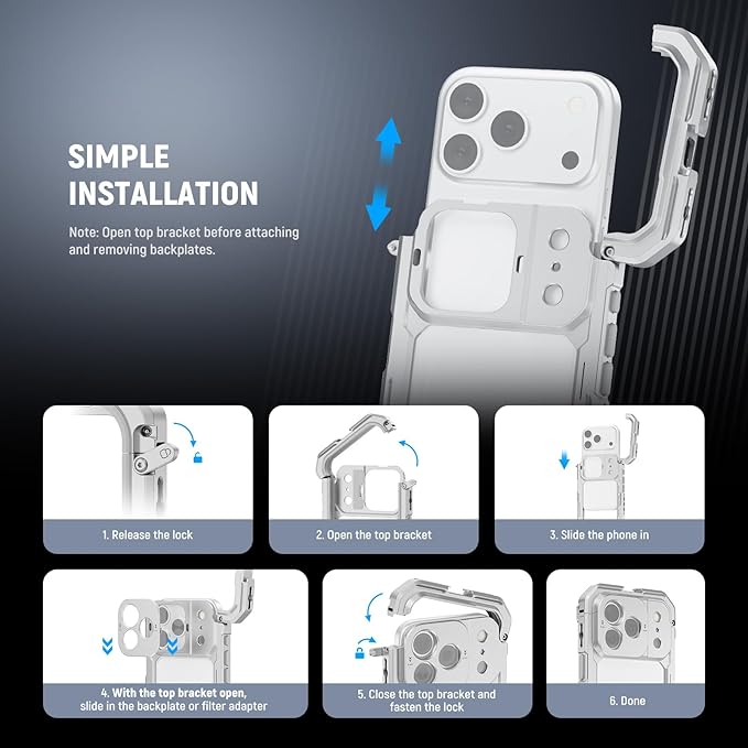 NEEWER PA144 Phone Cage Compatible with iPhone 17 Pro Max + ND & Black Diffusion1/4 Filter Set for PA143/PA144 Phone Cage Only, Quick Release Video Rig Stabilizer Accessories, Silver