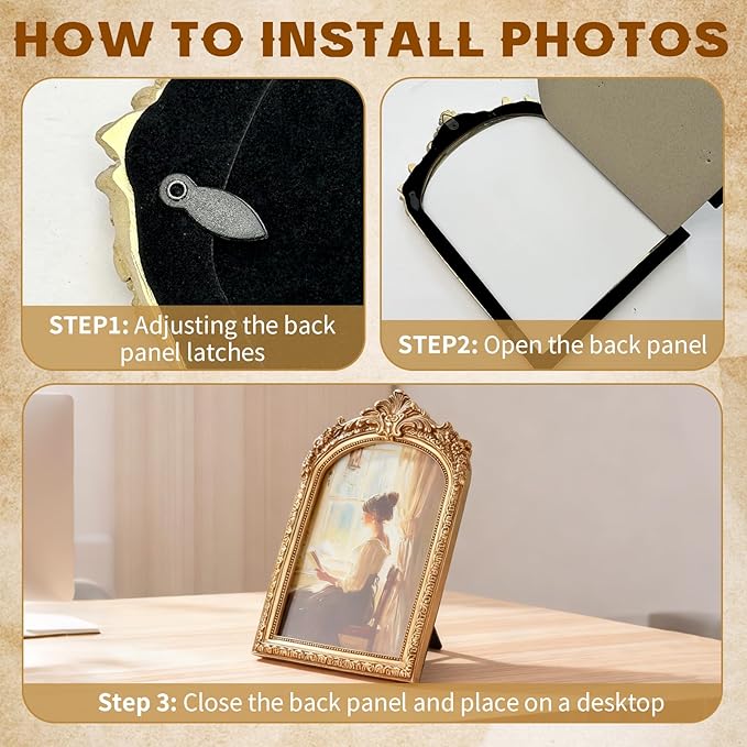 3 PCS Vintage Picture Frames 4x6, 5x7, 6x8 Inch Wall & Tabletop Picture Frames Antique Baroque Ornate Gold Arched Photo Frame Set with Stand and Haning Hook for Home Decor Photography Props Gifts