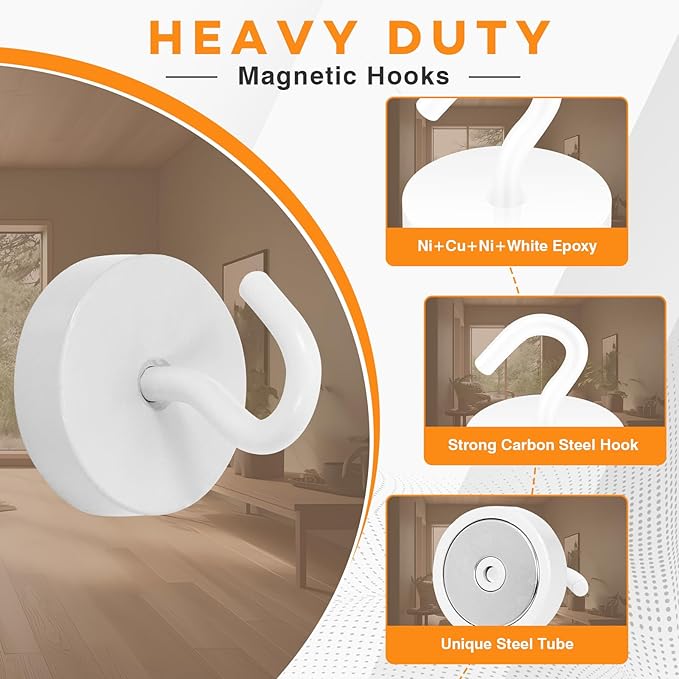 Neosmuk Magnetic Hooks, Cruise Ship Essentials, 80lb+ Heavy Duty Magnetic Hooks for Cruise Cabins, Refrigerator, Grill, Hanging, and Travel | Extra Strong Must-Haves Magnet Hook,White, 5 Pack