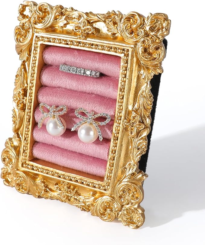 COOLYOUTH Vintage Ring Holder Ring Display Stand Frame Jewelry Organizer Velvet Tray for Jewelry (Medium-Pink)