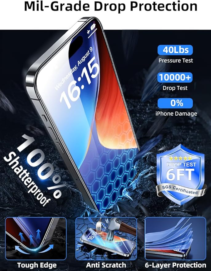 ruwa Screen Protector for iPhone 15 Pro[3-Pack] [6.1 Inch] HD Clear Tempered Glass Film with Easy Installation Frame, Case Friendly