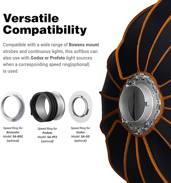 GODOX QR-P90 35.4 Inch/90CM Parabolic Softbox, Bowens Mount Soft Boxes, Quick Release Parabolic Softbox, with Front & Inner Diffuser for SL-60W AD600BM VL150 UL150 SL150II Amaran 100X 200D 200X w/Grid