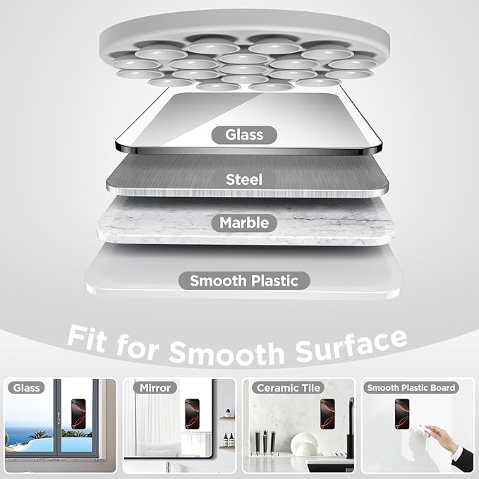 Magnetic Suction Cup Phone Mount with MagSafe, Silicone Hands-Free Grip Holder for iPhone Case and Android, Mirror Shower Phone Stand for Makeup FaceTime Gym Kitchen Bathroom, Light Gray