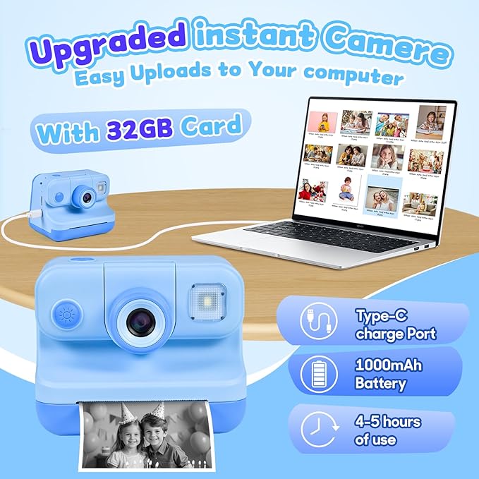 Kids Instant Print Camera, 30MP 1080P HD Digital Camera for Boys Girls with Color Pens & 32GB Card, Christmas Birthday Gifts Kids Toys for 3-12 Years Old (Blue)