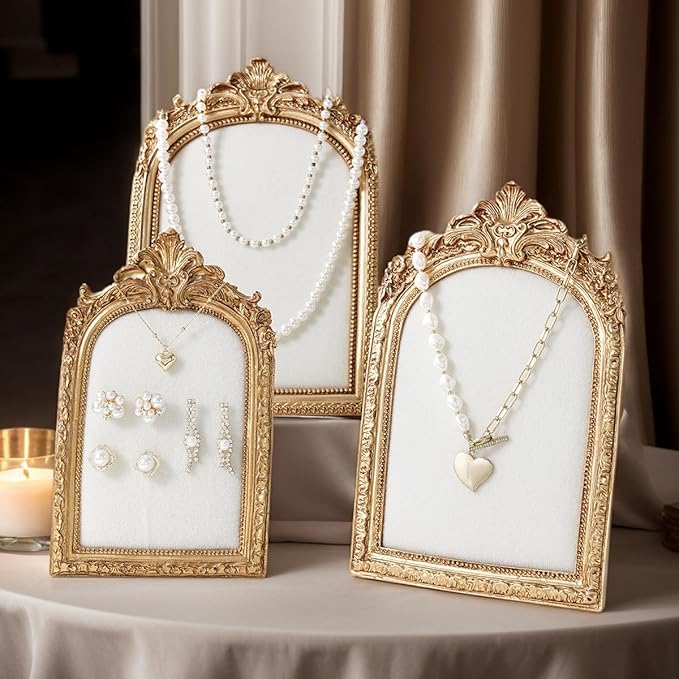 Vintage Frame Jewelry Stand, Gold Resin Photo Frame Earring Necklace Ring Organizer for Woman Engagement Wedding Collectibles (Small)
