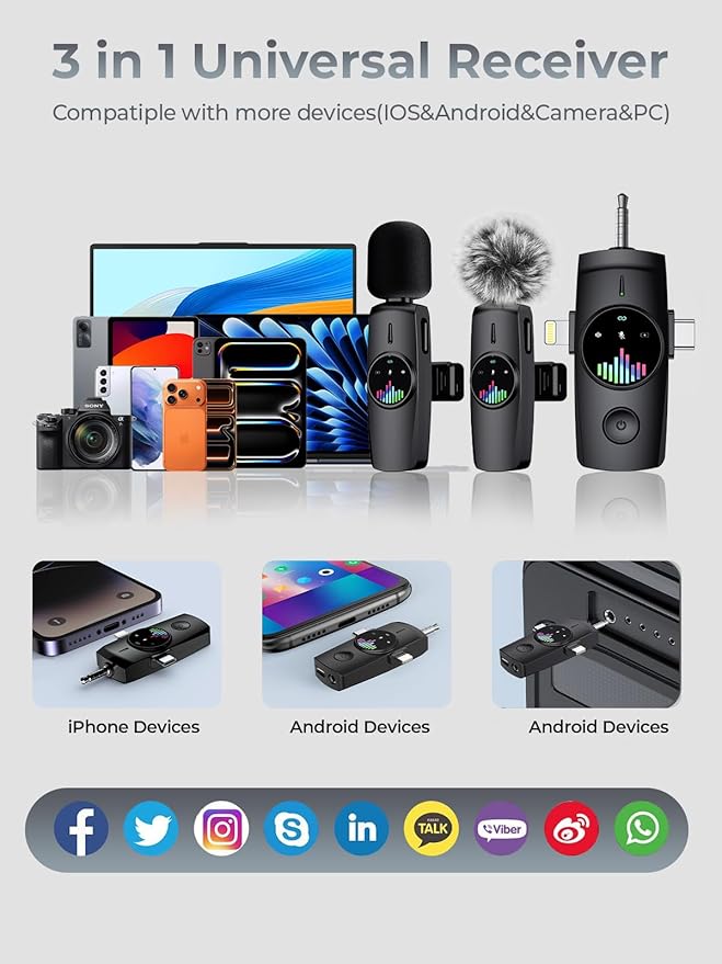 Wireless Lavalier Microphone for iPhone 3-in-1 Mini Mic with 20H Battery & 80ft Range - DSP Noise Cancellation, Smart Modes for Content Creators Live Streaming