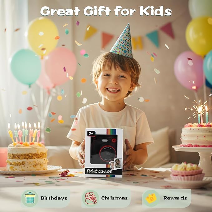 Kids Camera Instant Print, 1080P HD Dual-Lens Selfie Digital Camera with 5 Printing Paper Rolls & 32G TF Card, for Children, Portable Toddler Toy for Age 3-12 Boys & Girls (Black)