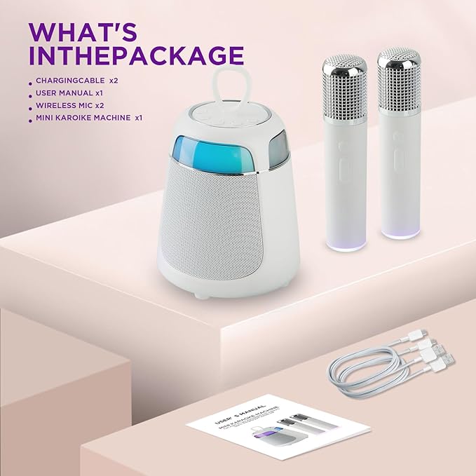 Mini Karaoke Machine with 2 Wireless Microphones, Portable Karaoke Machine for Kids & Adults, 10W Bluetooth Speaker with Voice Changer, Lights, Supports USB/TF/AUX