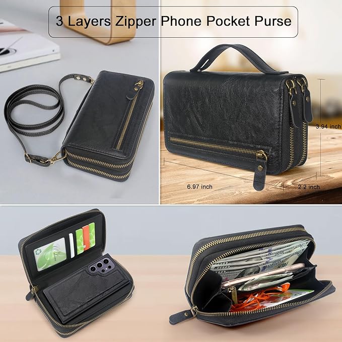 Harryshell Compatible with Samsung Galaxy S25 Ultra Case Wallet Multi Zipper Detachable Removable Cover Purse with Card Slots Holder Mirror Crossbody Wrist Strap for 6.9 inch (Black)