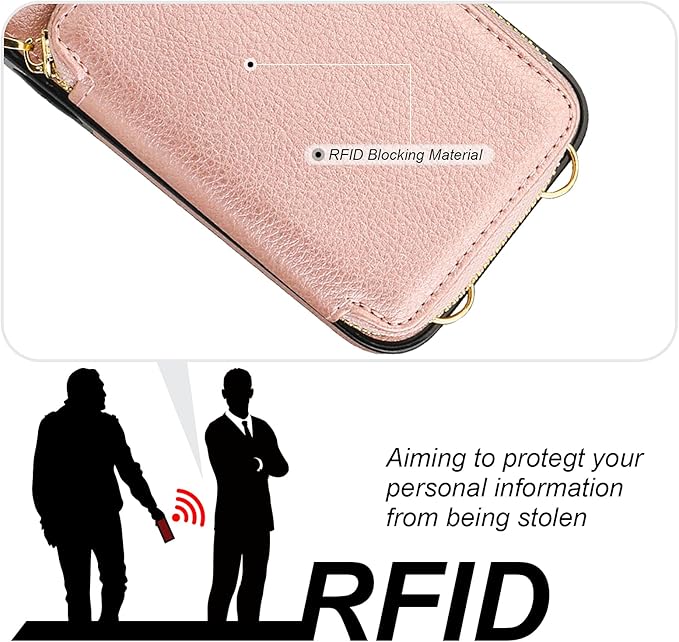 Bocasal RFID Blocking Wallet Case for iPhone 15 Pro Max, Adjustable Crossbody Zipper Purse Case Card Holder with Kickstand Detachable Wrist Strap, PU Leather Flip Folio Case 6.7 Inch 5G (Rose Gold)