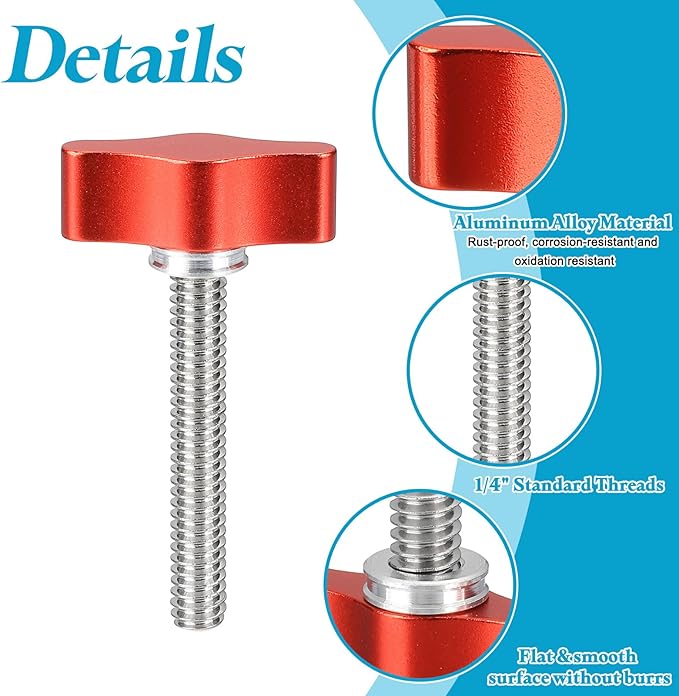 PATIKIL Clamping Screw Knob 1/4" x 2.09", 2Pcs Aluminum Alloy t Shaped Camera Thumb Screws for DSLR Flash Bracket Photography Light Stand Adapter Action Sports Camera Mounting System, Red