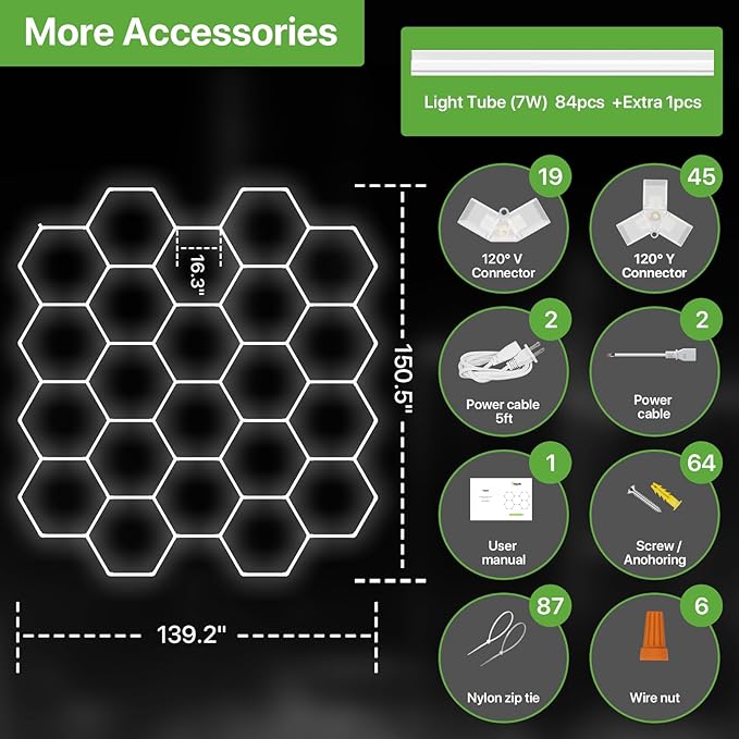 Glitgate Hexagon LED Garage Light, 581W 63910LM 22-Grid Honeycomb Hex Lighting System, 6500K Ultra Bright Ceiling Light for Garage, Car Detailing Shop, Workshop, Basement, Gym