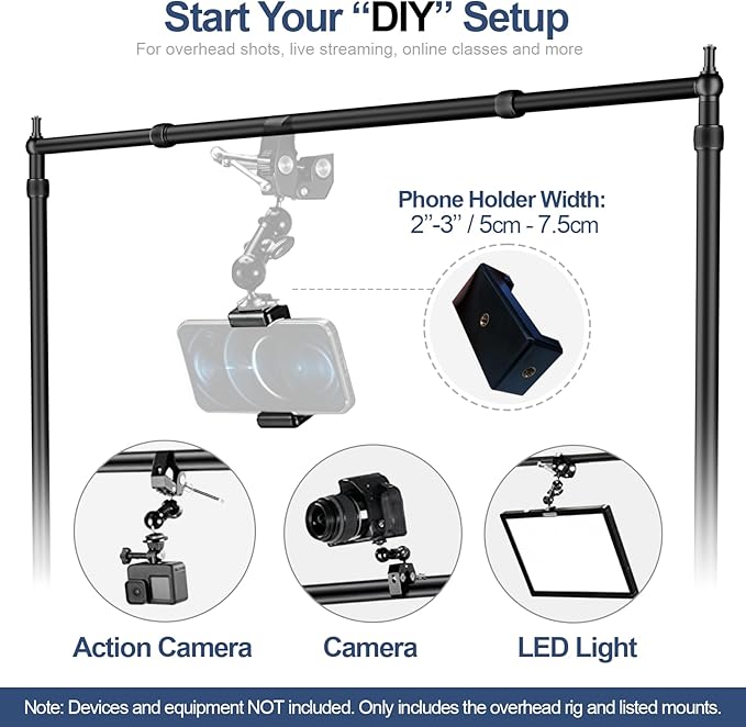 EMART Overhead Camera Mount Rig, Desk Mount & Adjustable Height/Width with Phone Holder, Max Load 26.5lbs, Compatible with DSLR, Smartphones & Webcams for Top Shot, Video, Vlog, Studio Photography
