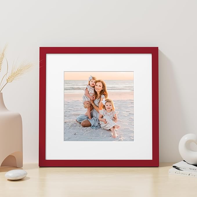 Vittanly 12x12 Picture Frame, Made of Solid Wood and Shatterproof Plexiglass, Display Pictures 8x8 with Mat or 12x12 without Mat, Wooden Photo Frame for Wall Mounting, Red, 1 Pack