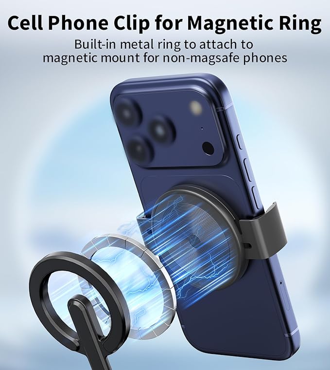 TONEOF Phone Clamp for Magnet with Metal Ring,Phone Mount Adapter for Magsafe Car Phone Holder,Quick Installation & Easy Removal Clip for All Phones/Magnetic Tripod/Magnet Mounts (Black,1 Pack)