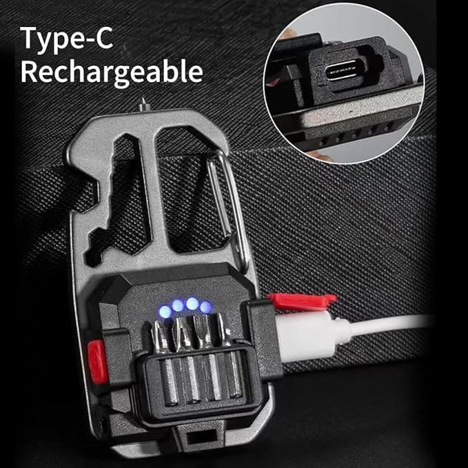 BY-J Cob Mini Flashlight Keychain Light, 500 Lumens Bright Rechargeable, Small Multi-Function Work Light, 7 Modes Portable Pocket Light Battery Display Bottle Opener for Camping Emergency Lighting