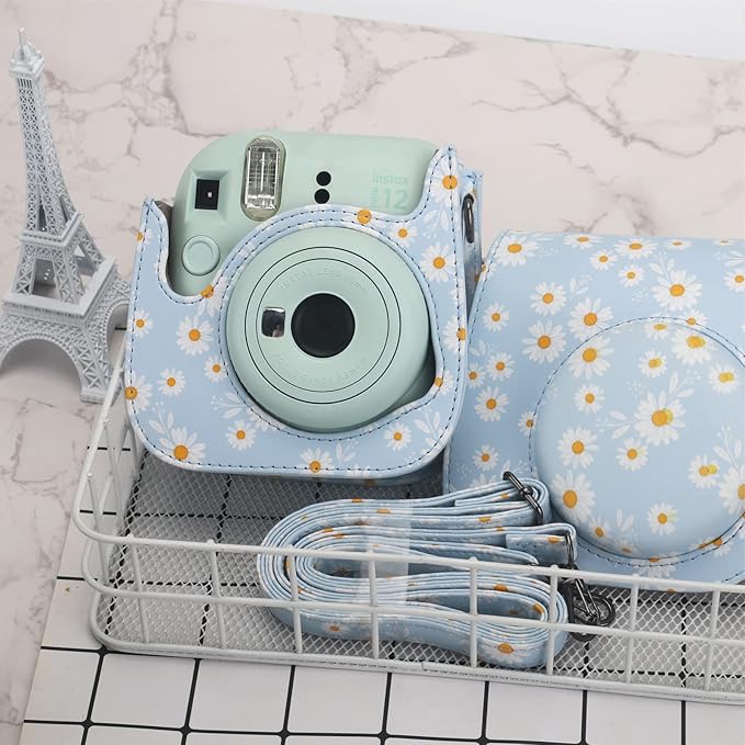 Frankmate Protective Case Compatible with Fujifilm Instax Mini 12 11 9 8 Instant Film Camera with Pocket and Adjustable Strap (Blue Daisy)