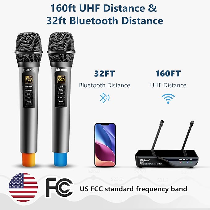 Bietrun Wireless Microphone with Echo/Treble/Bass, UHF 160ft Range, Dual UHF Cordless Dynamic Mic Handheld Microphone System for Home Karaoke, Meeting, Party, Wedding(Receiver with Bluetooth)