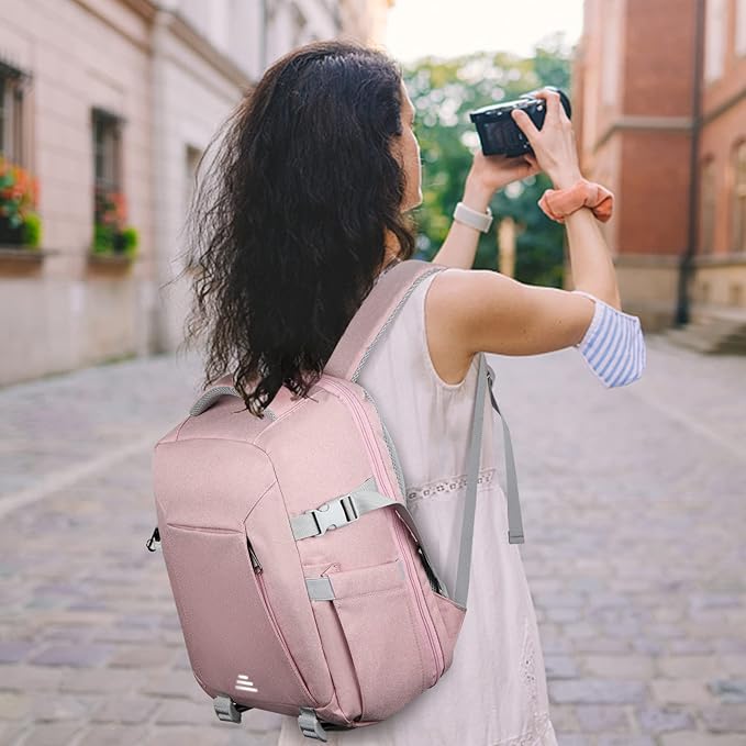 RAINSMORE Camera Bag Professional DSLR SLR Mirrorless Photography Camera Backpack 14 Inch Waterproof Camera Case With Tripod Holder&Laptop Compartment for Canon Nikon Sony for Photographers Pink