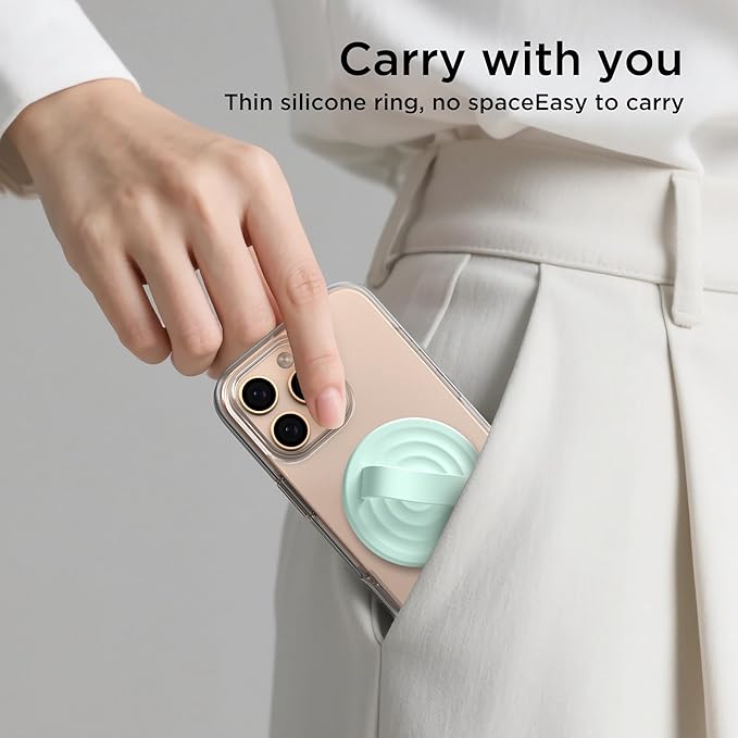 Magnetic Phone Grip Ring Holder, Liquid Silicone Magnet Cell Phone Grip Finger Loop, Compatible with Magsafe, Back of Phone for iPhone 17/16/15/14/13/12 Series, Mint Green