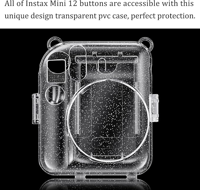 Fintie Protective Clear Case for Fujifilm Instax Mini 12 Instant Camera - Crystal Hard Shell Cover with Upgraded Film Pocket for Storing Photos & Removable Shoulder Strap