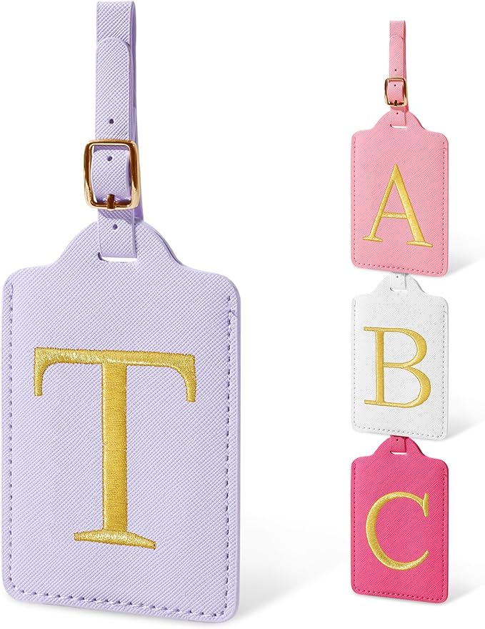 Initial Letter Luggage Tag for Suitcase, Cute Luggage Bag, Waterproof PU Leather Travel Luggage Tag, Suitcase Identifier Name Tag, Monogrammed Suitcases Tags, Bag Tags for Handbags(Purple T)